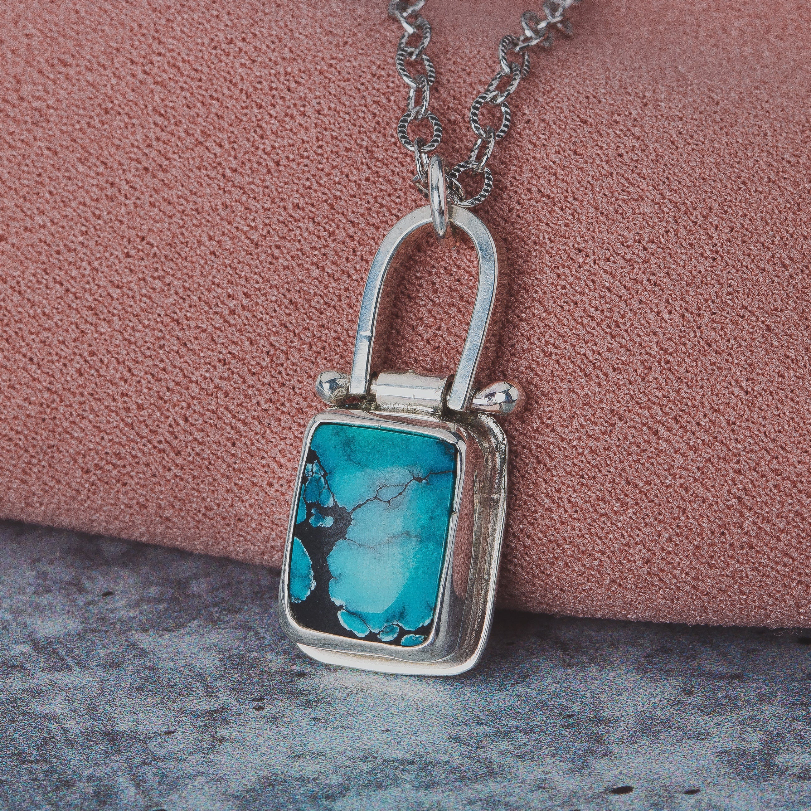 Rectangle Cloud Mountain Turquoise Hinge Necklace In Sterling Silver | Pinned Adjustable Aqua Blue And Black Spiderweb Boho Pendant
