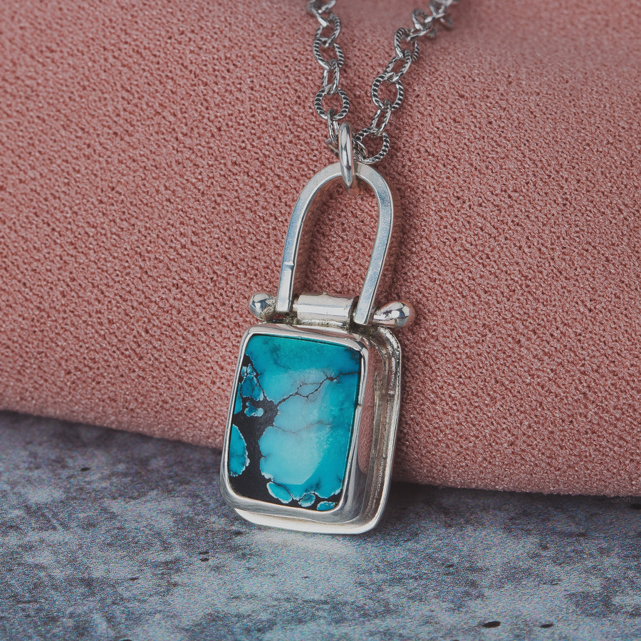 Rectangle Cloud Mountain Turquoise Hinge Necklace In Sterling Silver | Pinned Adjustable Aqua Blue And Black Spiderweb Boho Pendant