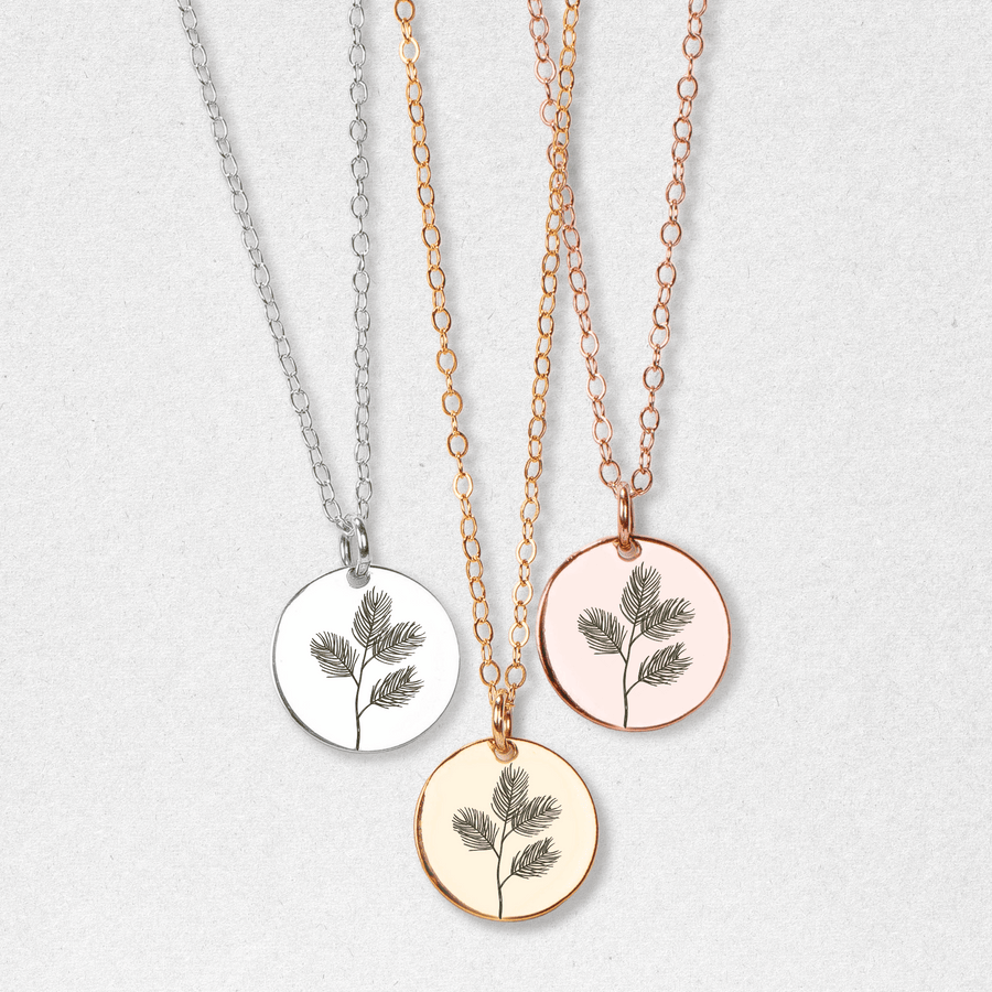 Pine Branch Engraved Bohemian Disc Necklace in Silver, Gold, or Rose Gold Boho Bohemian Hippy Gypsy Jewelry for Women, Plant Nature Lover