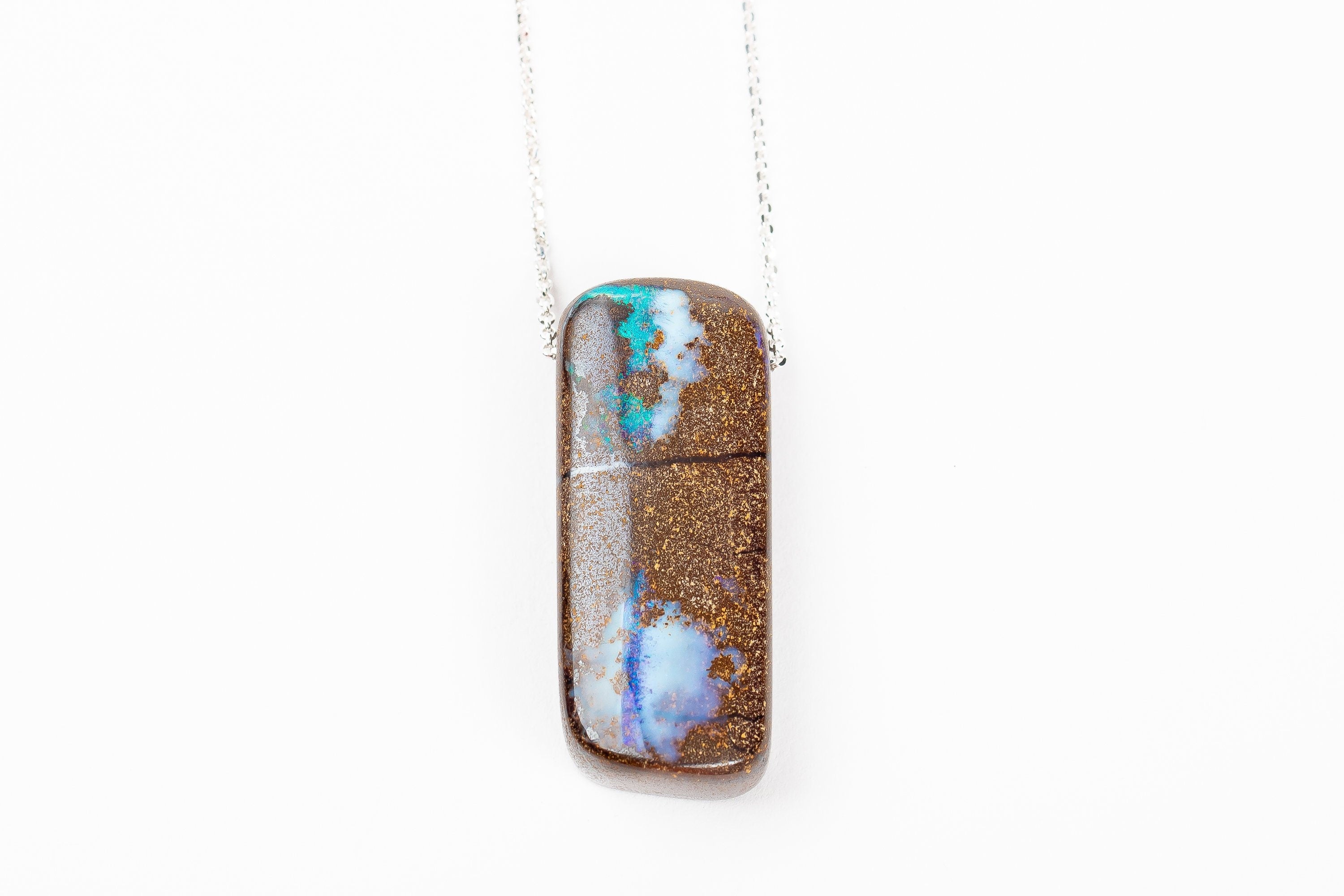 Huge Blue Boulder Opal Necklace In Sterling Silver On Long Rolo Chain | Natural Teal Multicolored Extra Long Gemstone Boho Pendant Necklace
