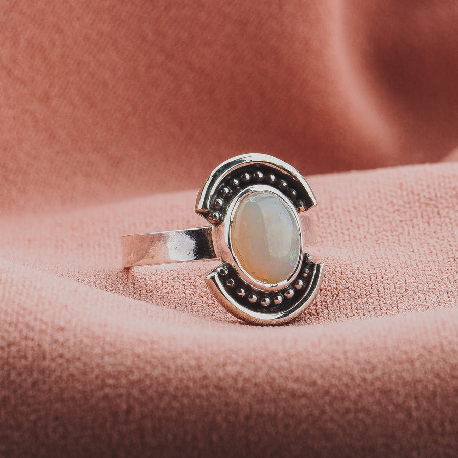 Size 5.25 Opal Shield Ring | Colorful Rainbow Australian Opal Gemstone Ring In Sterling Silver | Beaded Dotted Warrior Oval Statement Ring