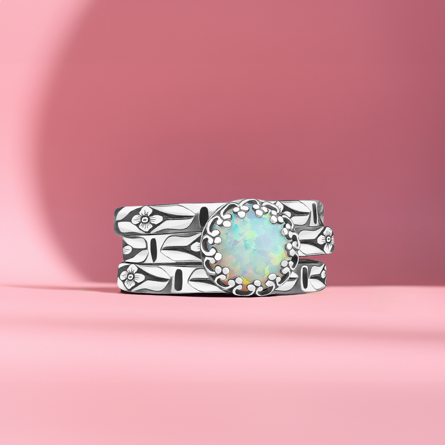 Opal Ring | Floral Flashy Colorful Multicolored Opal Solitaire Ring in Sterling Silver | October Birthstone Ring for Women and Girls | USA Sizes 4-12