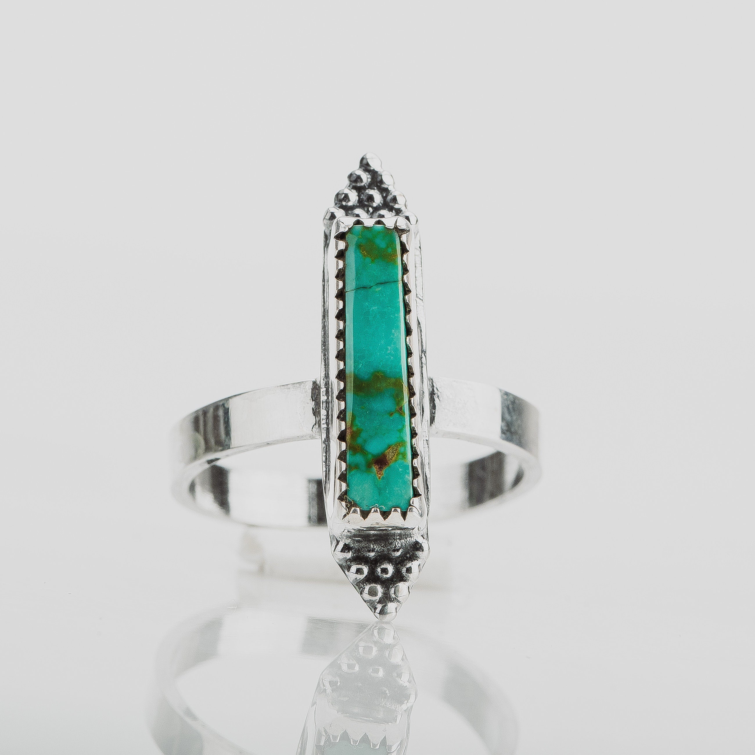 Size 6.75 Long Rectangle Aqua Blue Royston Turquoise Gemstone Ring In Sterling Silver | Beaded Boho Bohemian Teal Blue Statement Ring