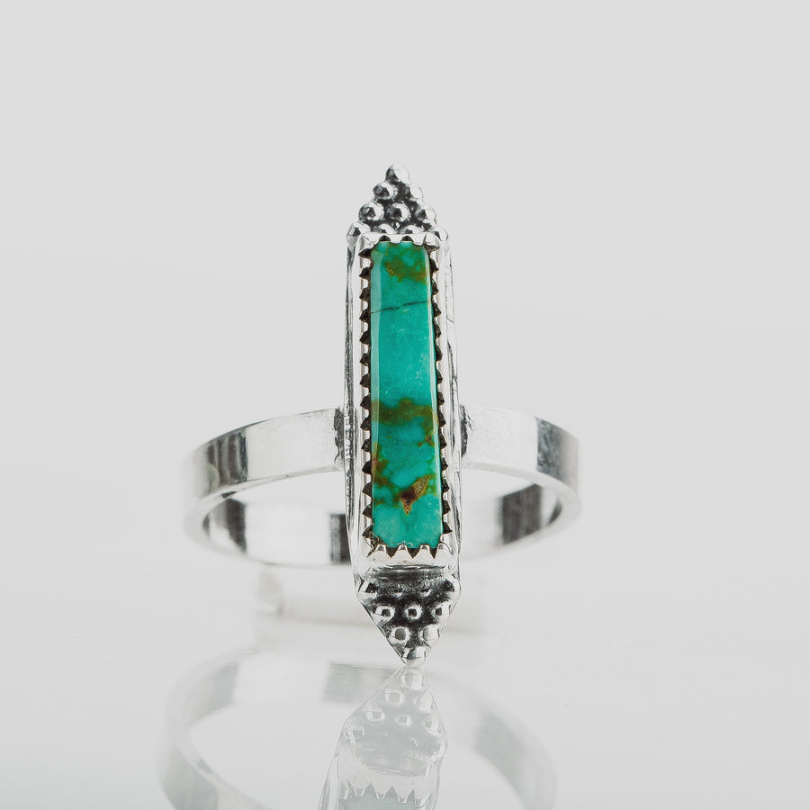 Size 6.75 Long Rectangle Aqua Blue Royston Turquoise Gemstone Ring In Sterling Silver | Beaded Boho Bohemian Teal Blue Statement Ring