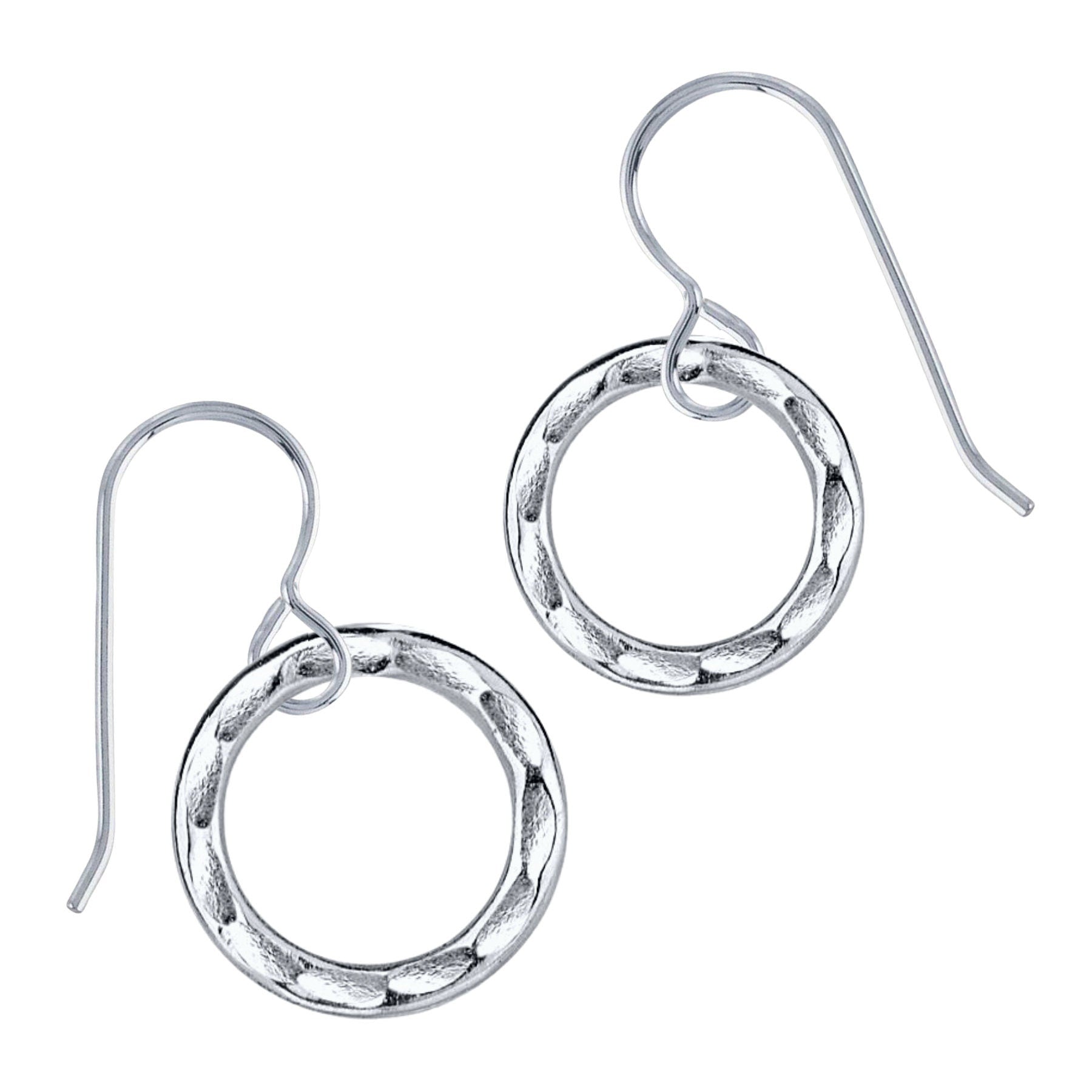 Small Sterling Silver Hammered Open Circle Dangle Drop Earrings | Minimalist Jewelry for Women & Girls | Tiny Geometric Round Halo Earrings