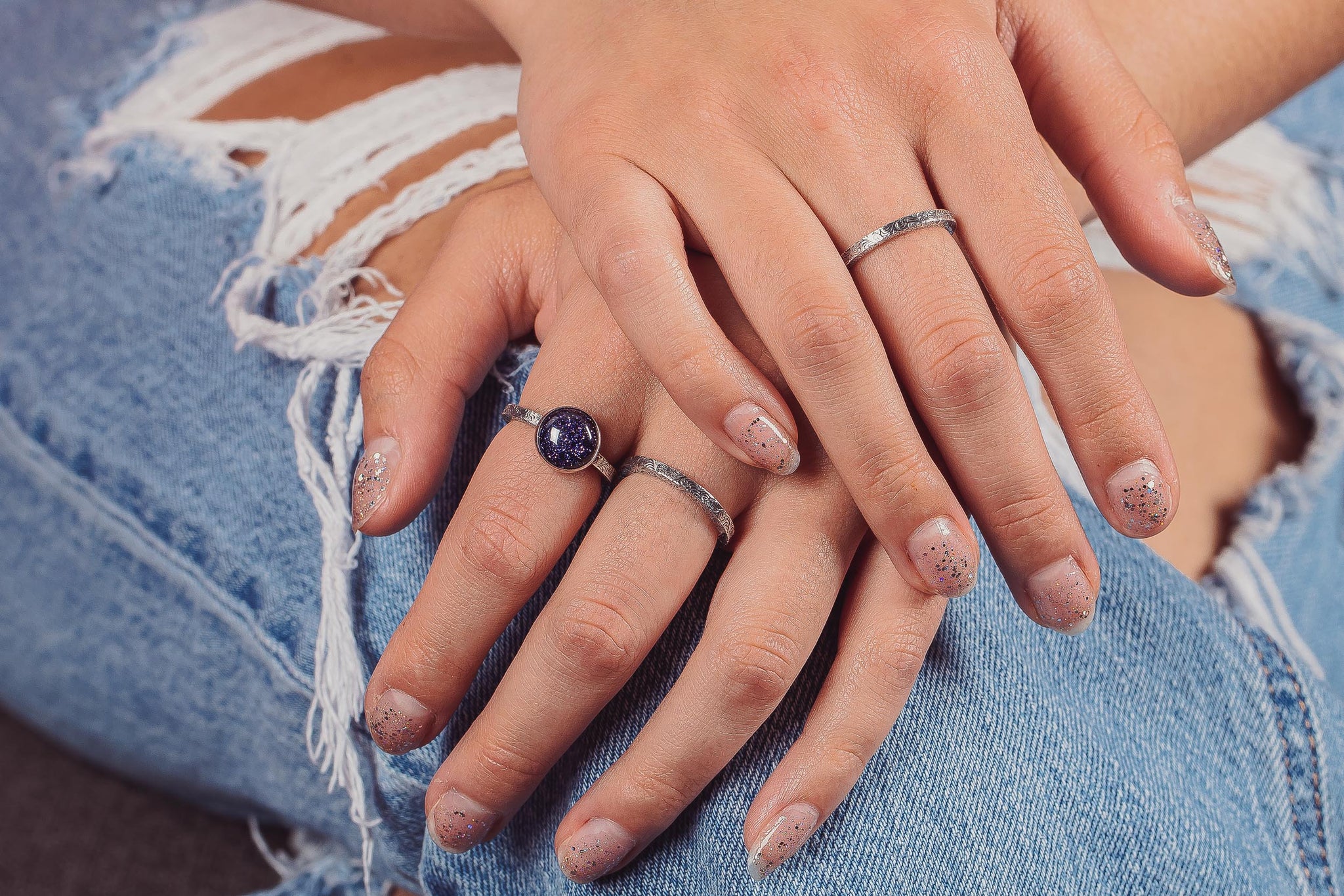 Night Sky Constellation Solitaire Ring with Paisley Pattern Band in Sterling Silver with Blue Goldstone | Star Galaxy Space Jewelry | Comfort Fit USA Sizes 4-12
