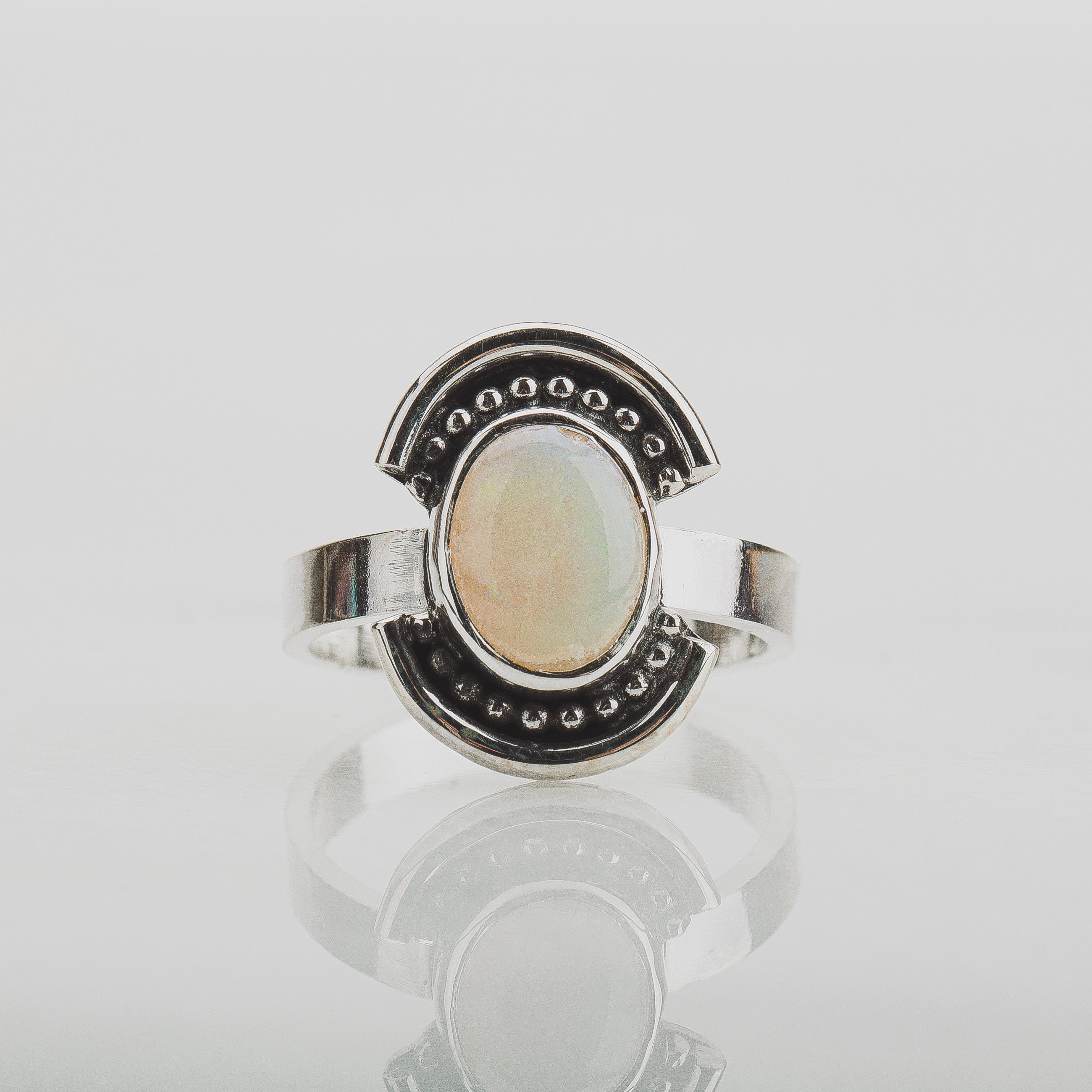 Size 5.25 Opal Shield Ring | Colorful Rainbow Australian Opal Gemstone Ring In Sterling Silver | Beaded Dotted Warrior Oval Statement Ring