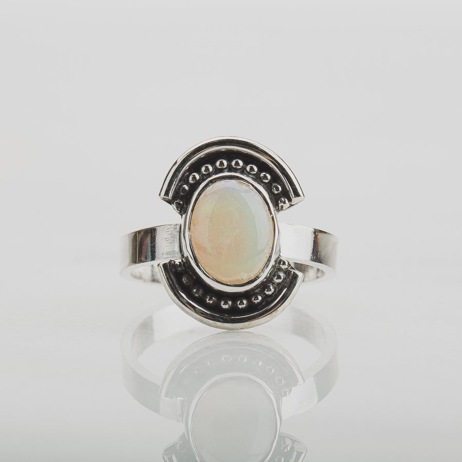Size 5.25 Opal Shield Ring | Colorful Rainbow Australian Opal Gemstone Ring In Sterling Silver | Beaded Dotted Warrior Oval Statement Ring