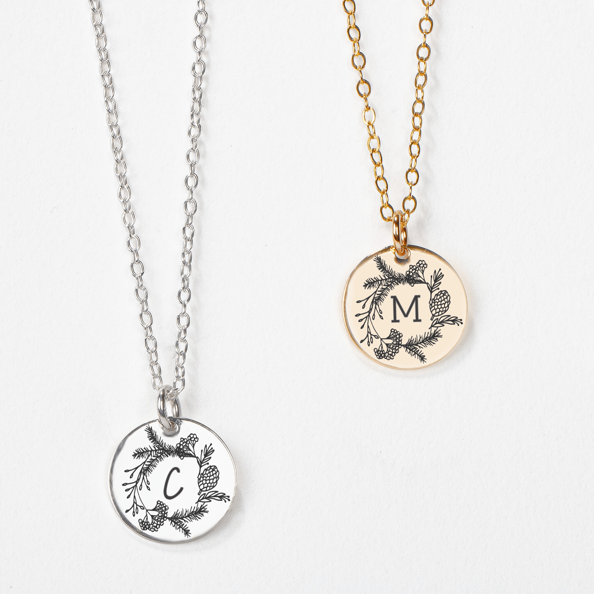 Pine Wreath Initial Necklace | Personalized Engraved Round Disc Monogram Necklace in Silver, Gold, or Rose Gold | Custom Gift for Her