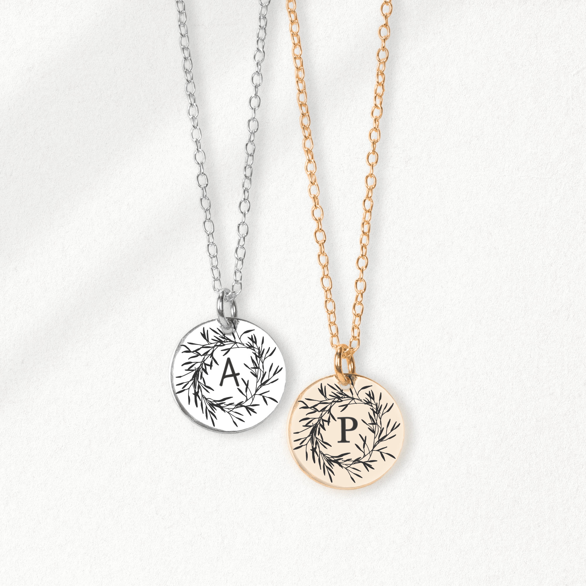 Olive Wreath Initial Necklace | Custom Personalized Engraved Round Circle Monogram Disc Necklace | Silver, Gold or Rose Gold | Custom Gift