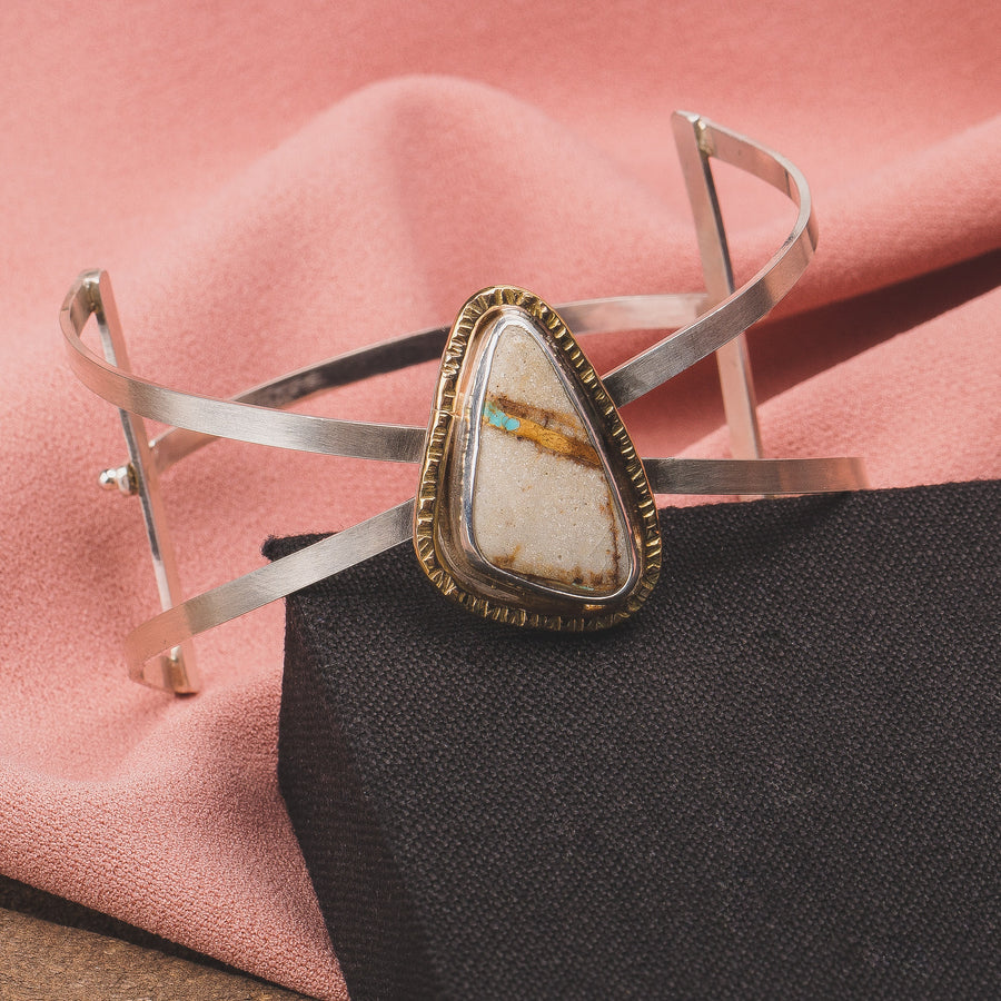 Royston Ribbon Turquoise Cuff Bracelet | Mixed Metal Aqua Blue Triangle Gemstone Cuff With Safety Latch | Boho Bohemian Jewelry