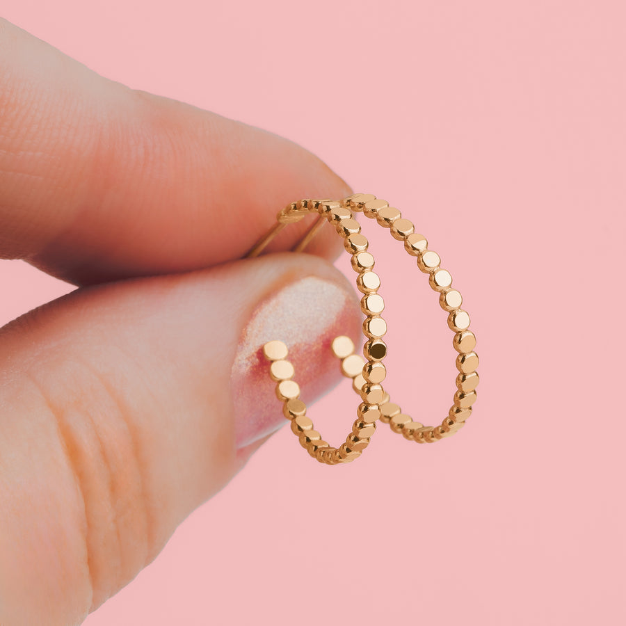 Medium Glimmer Hoop Earrings | Gold, Rose Gold, Silver | Mini Dotted Dot Beaded Bead Huggie Hoops | Hammered Minimalist Everyday Studs