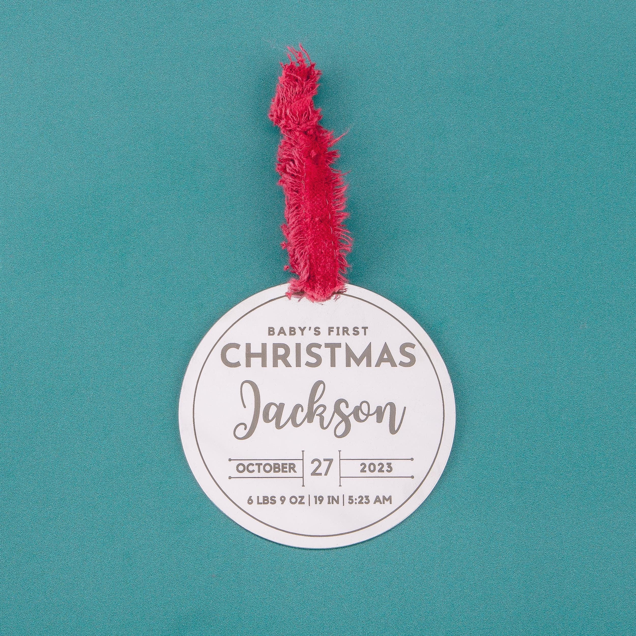 Personalized Ornament Baby's First Christmas | Custom Name & Birth Stats Holiday Decoration | Modern Brushed Stainless Steel Holiday Bauble