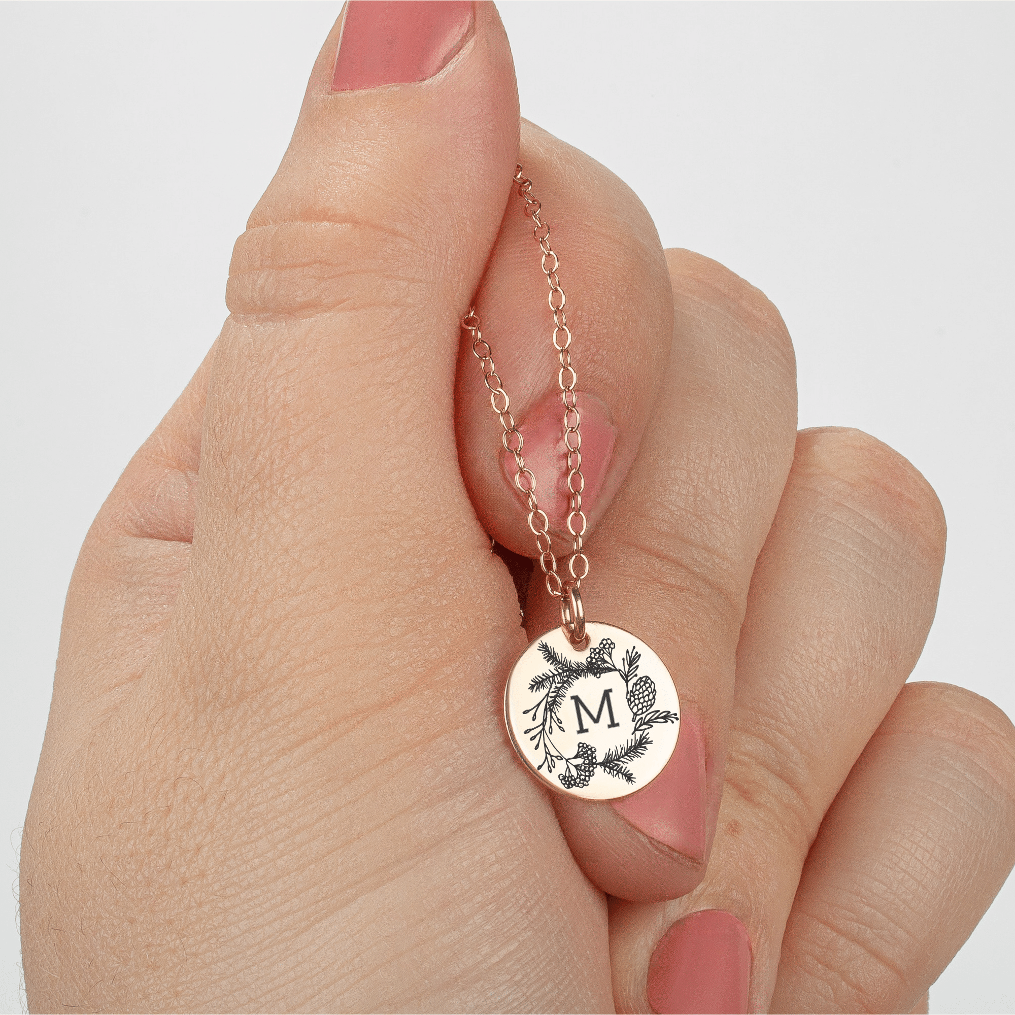 Pine Wreath Initial Necklace | Personalized Engraved Round Disc Monogram Necklace in Silver, Gold, or Rose Gold | Custom Gift for Her