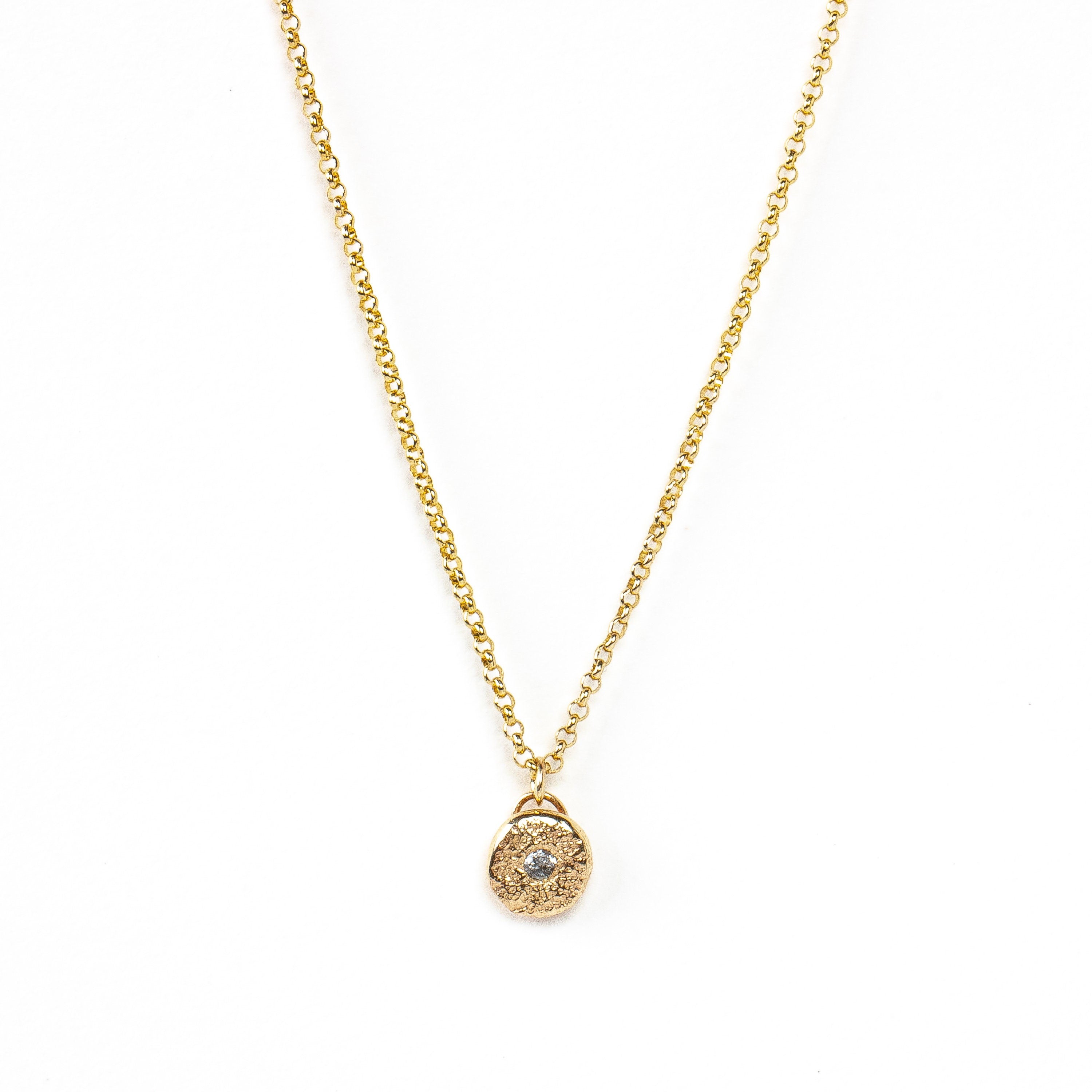 Solid 14K Gold Silvermist Diamond Necklace | Tiny small little round circle 14K yellow gold textured diamond necklace | Gift for her