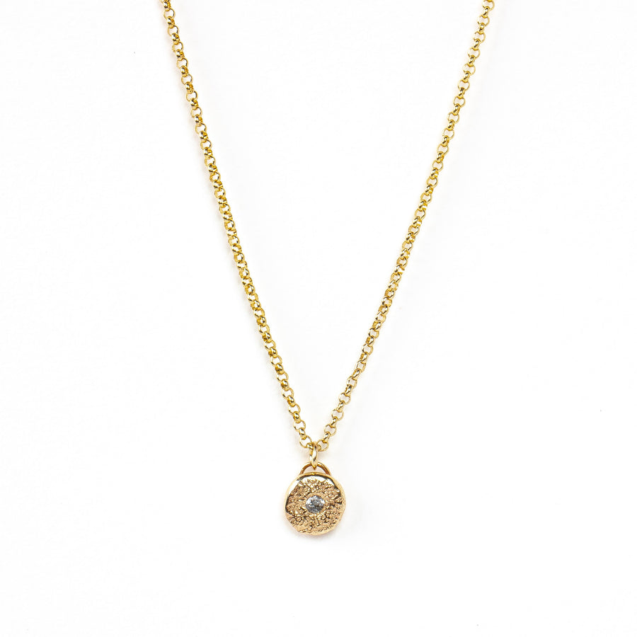 Solid 14K Gold Silvermist Diamond Necklace | Tiny small little round circle 14K yellow gold textured diamond necklace | Gift for her