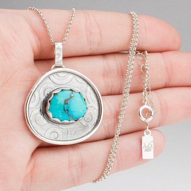 Morenci Turquoise Gemstone Necklace | Big Aqua Blue Bohemian Boho Style Pendant Necklace With Swirly Border In Sterling Silver