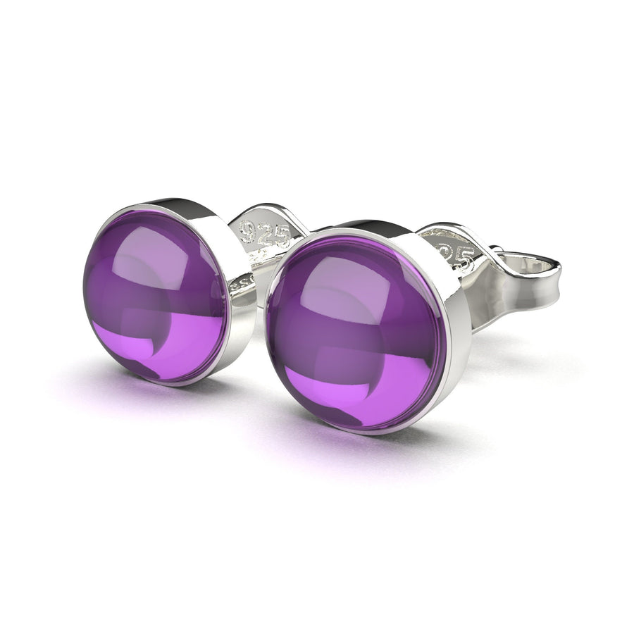 Amethyst Gemstone Stud Earrings | Sterling Silver Round Circle Purple Stone Post Earrings | February Birthstone