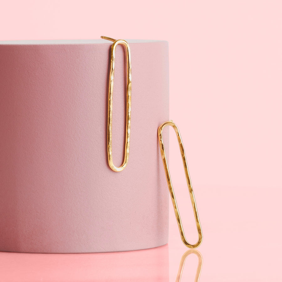 Hammered Oval Paperclip Chain Link Stud Earrings | Gold, Rose Gold, or Silver | Long Oval Loop Hoop Post Earrings | Minimalist Everyday