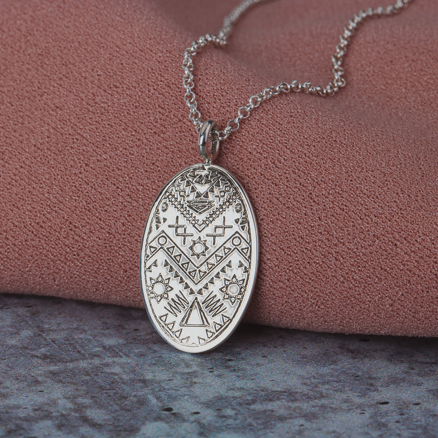 Engraved MGJ Signature Aztec Pendant Necklace