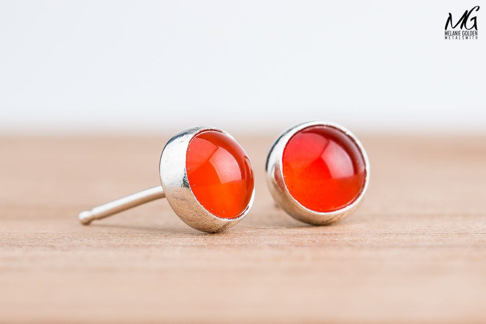 Orange Carnelian Gemstone Stud Earrings | Sterling Silver Round Circle Burnt Orange Post Earrings| Multiple Sizes | Fall Autumn Halloween Thanksgiving Jewelry