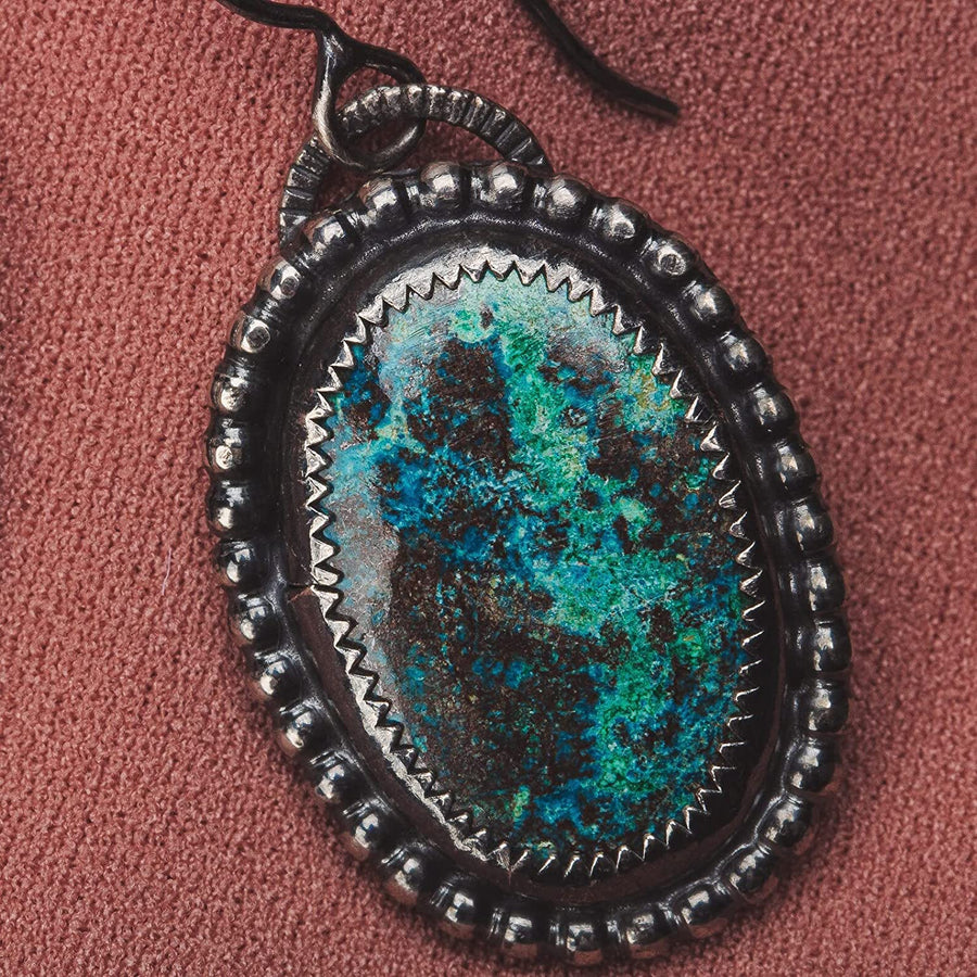 Azurite Gemstone Earrings | Large Oval Oxidized Black Sterling Silver Dangle Drop Earrings