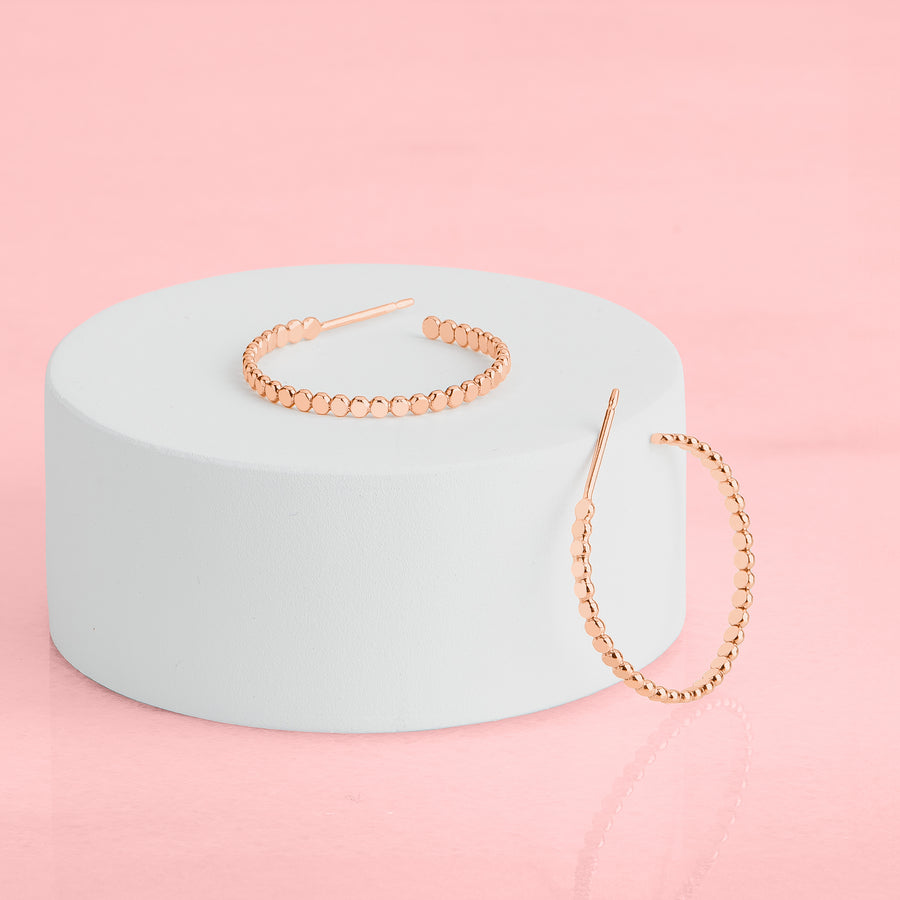 Large Glimmer Hoop Earrings | Gold, Rose Gold, Silver | Mini Dotted Dot Beaded Bead Huggie Hoops | Hammered Minimalist Everyday Studs