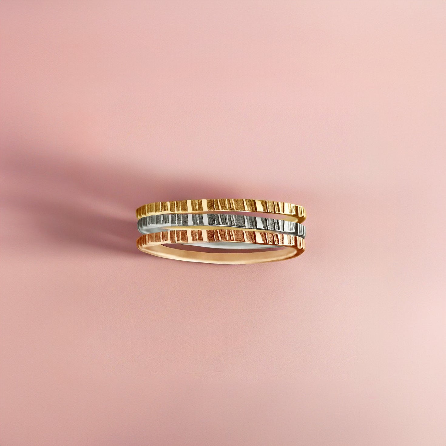 Rugged Trio | Set of 3 Mixed Metal Rugged Stacking Rings | Silver, Gold and Rose Gold | Lined Striped Hammered Stackable Stack Thin Bands