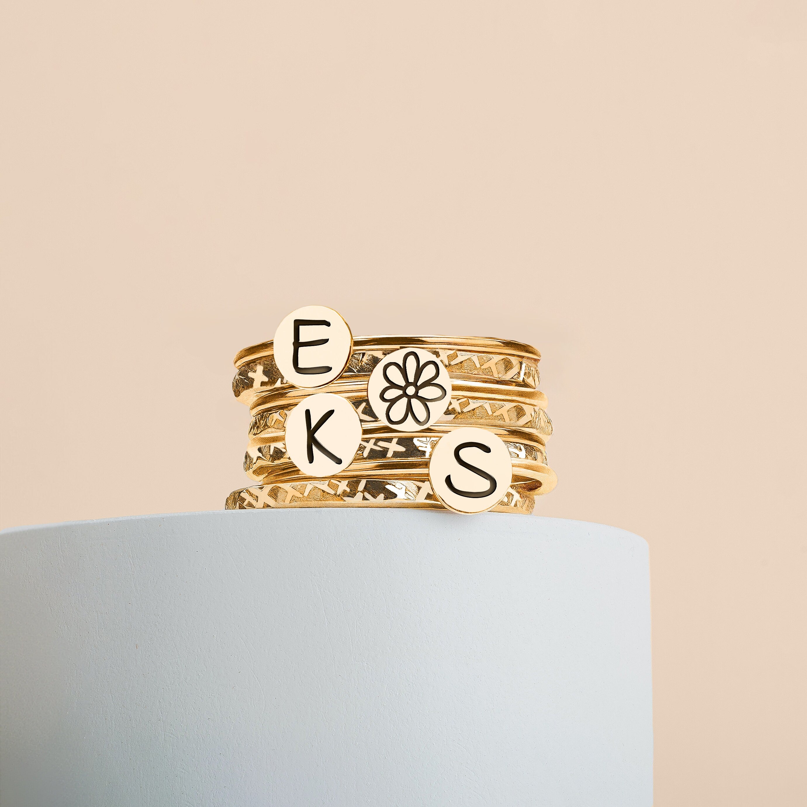 Stackable Initial Rings | Personalized Letter Monogram Stacking Family Rings | 4 Initials, 8 Ring Set | Gold, Silver Or Rose Gold