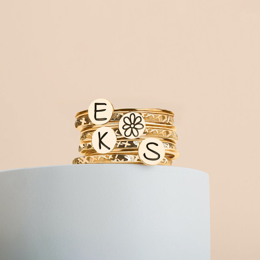 Stackable Initial Rings | Personalized Letter Monogram Stacking Family Rings | 4 Initials, 8 Ring Set | Gold, Silver Or Rose Gold