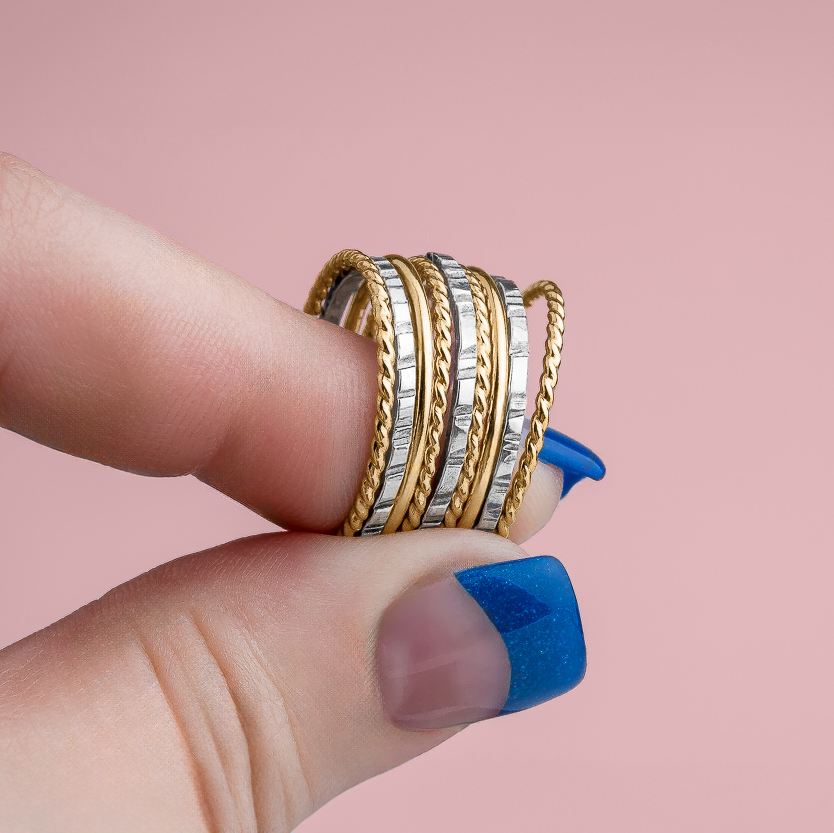 The Rowe Stack | Set of 9 Gold and Silver Mixed Metal Stacking Rings | USA Sizes 4-12