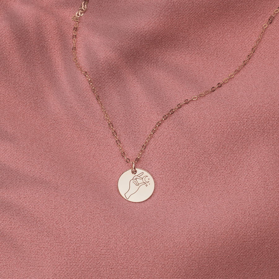 Lady of The Moon Disc Necklace - Melanie Golden Jewelry - disc necklaces, Engraved Jewelry, minimal minimal necklace, minimal necklace, mystic, necklace, necklaces