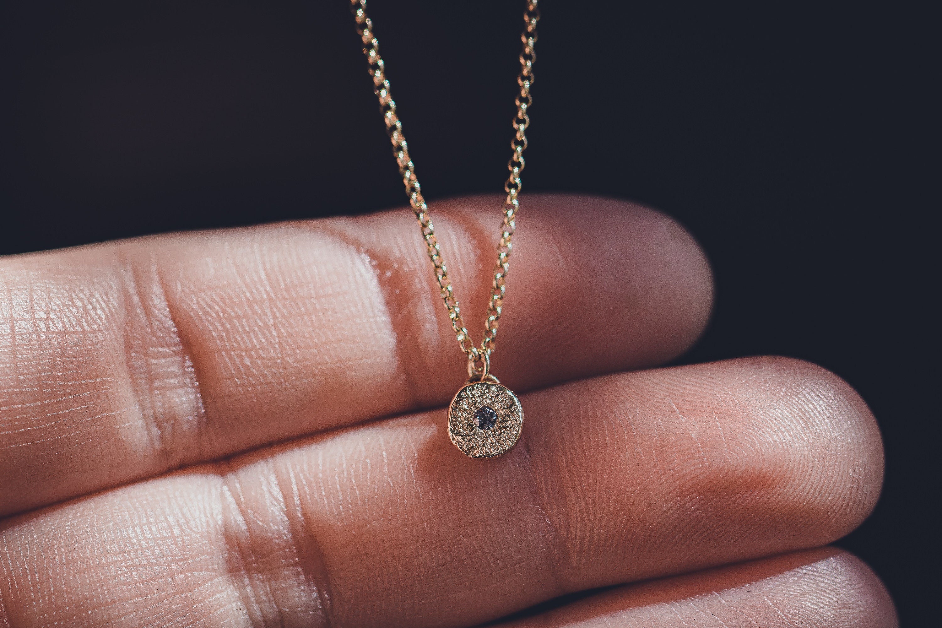 Solid 14K Gold Silvermist Diamond Necklace | Tiny small little round circle 14K yellow gold textured diamond necklace | Gift for her
