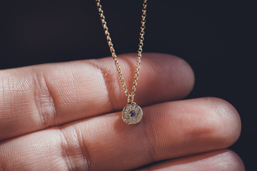 Solid 14K Gold Silvermist Diamond Necklace | Tiny small little round circle 14K yellow gold textured diamond necklace | Gift for her