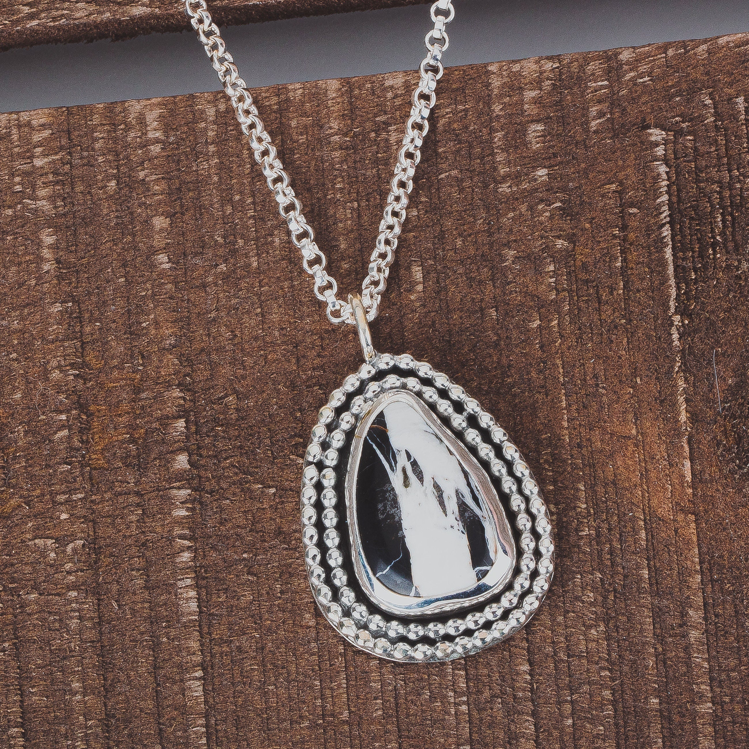 White Buffalo Turquoise Necklace In Sterling Silver | Huge Big Black And White Teardrop Boho Bohemian Pendant With Double Beaded Border