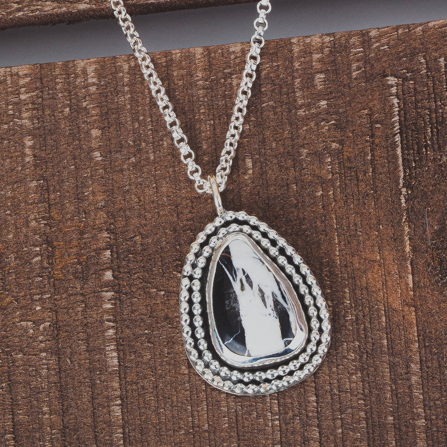 White Buffalo Turquoise Necklace In Sterling Silver | Huge Big Black And White Teardrop Boho Bohemian Pendant With Double Beaded Border
