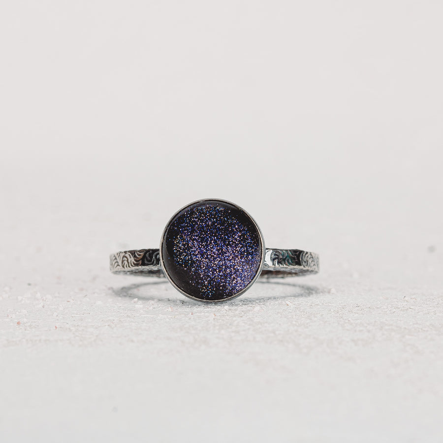 Night Sky Constellation Solitaire Ring with Paisley Pattern Band in Sterling Silver with Blue Goldstone | Star Galaxy Space Jewelry | Comfort Fit USA Sizes 4-12
