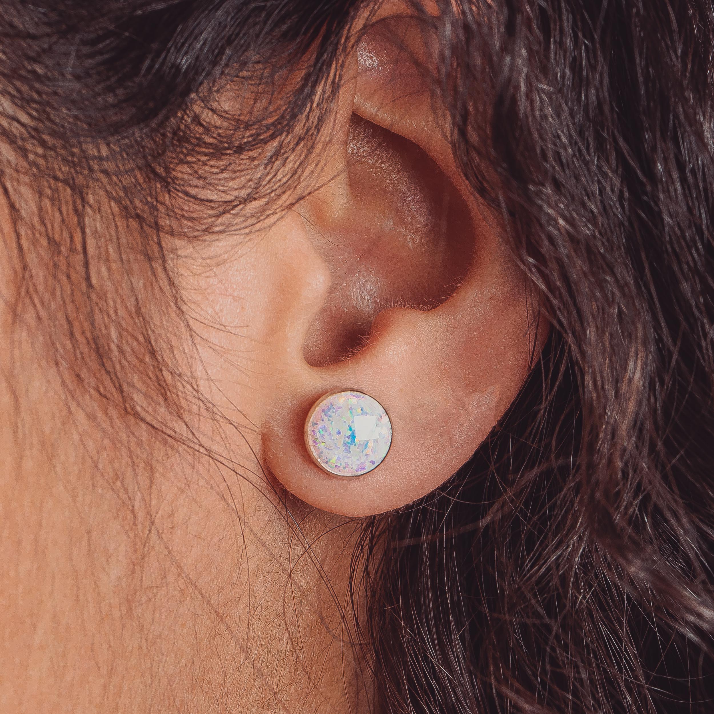 Opal Gemstone Stud Earrings | Sterling Silver Round Circle Multicolored Colorful Flashy Stone Post Earrings | Multiple Sizes | October Birthstone