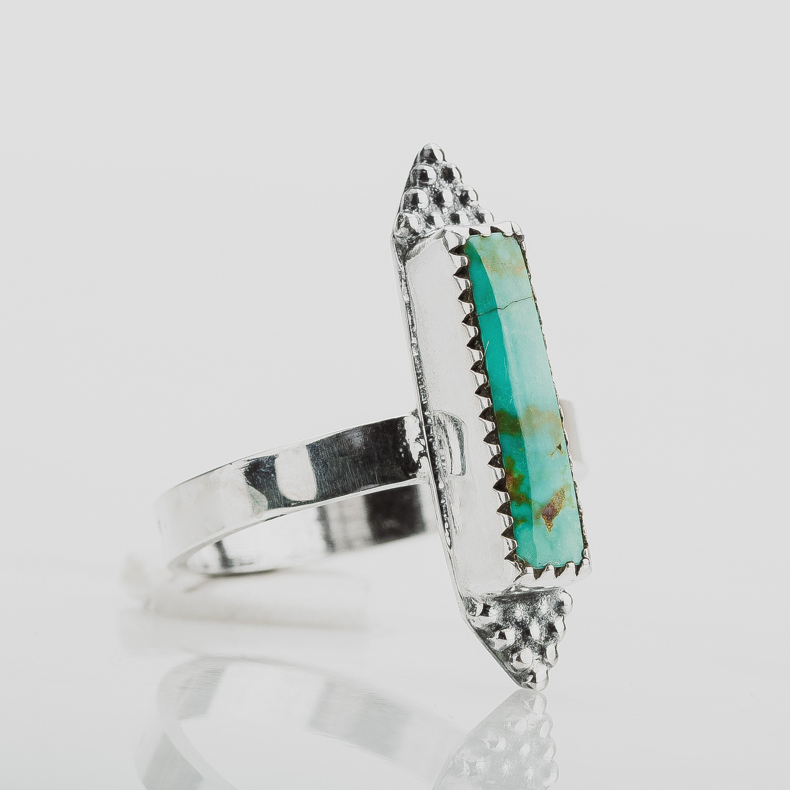 Size 6.75 Long Rectangle Aqua Blue Royston Turquoise Gemstone Ring In Sterling Silver | Beaded Boho Bohemian Teal Blue Statement Ring