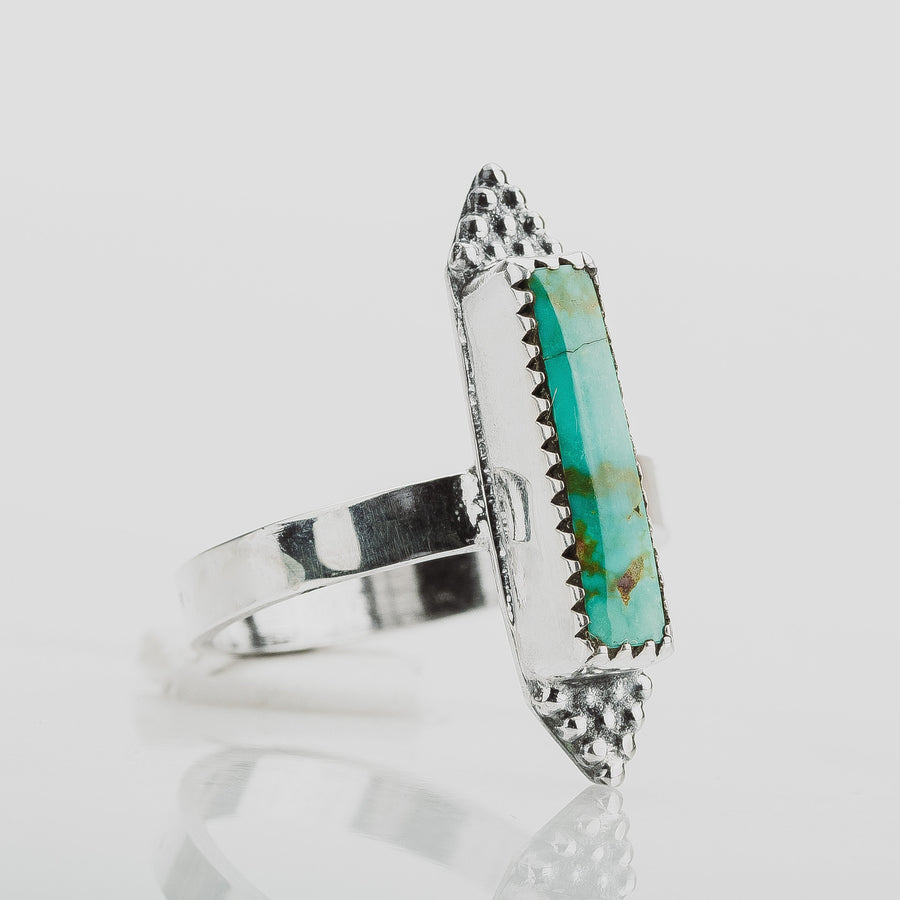 Size 6.75 Long Rectangle Aqua Blue Royston Turquoise Gemstone Ring In Sterling Silver | Beaded Boho Bohemian Teal Blue Statement Ring