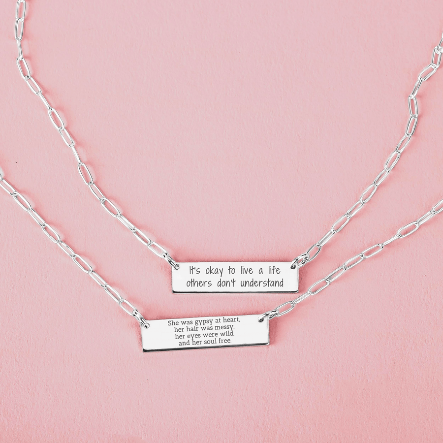 Paperclip Chain Custom Quote Bar Necklace - Melanie Golden Jewelry - _badge_bestseller, bar necklaces, bestseller, necklace, necklaces, personalized, personalized jewelry, personalized necklaces