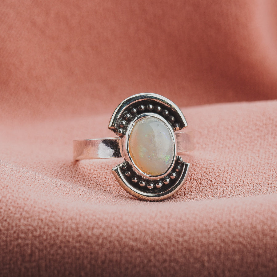 Size 5.25 Opal Shield Ring | Colorful Rainbow Australian Opal Gemstone Ring In Sterling Silver | Beaded Dotted Warrior Oval Statement Ring