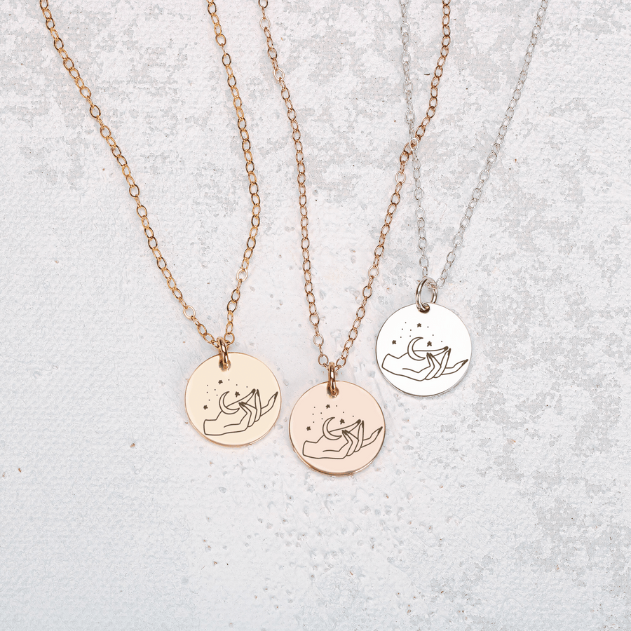 She Holds The Moon Engraved Disc Necklace in Silver, Gold, or Rose Gold | Small Round Circle Boho Bohemian Hippy Gypsy Jewelry for Women