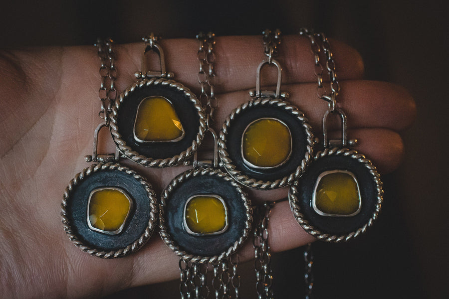 Sunny Yellow Chalcedony Medallion Necklaces - Melanie Golden Jewelry - 7-27-20 Cathedral Collection Release, cathedral, gemstone neckklace, gemstone necklace, necklace, necklaces