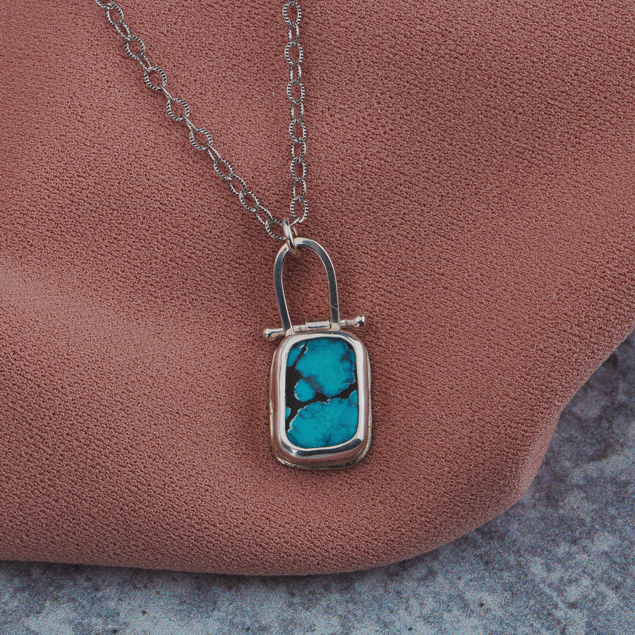 Rectangle Cloud Mountain Turquoise Hinge Necklace In Sterling Silver | Pinned Adjustable Aqua Blue And Black Spiderweb Boho Pendant
