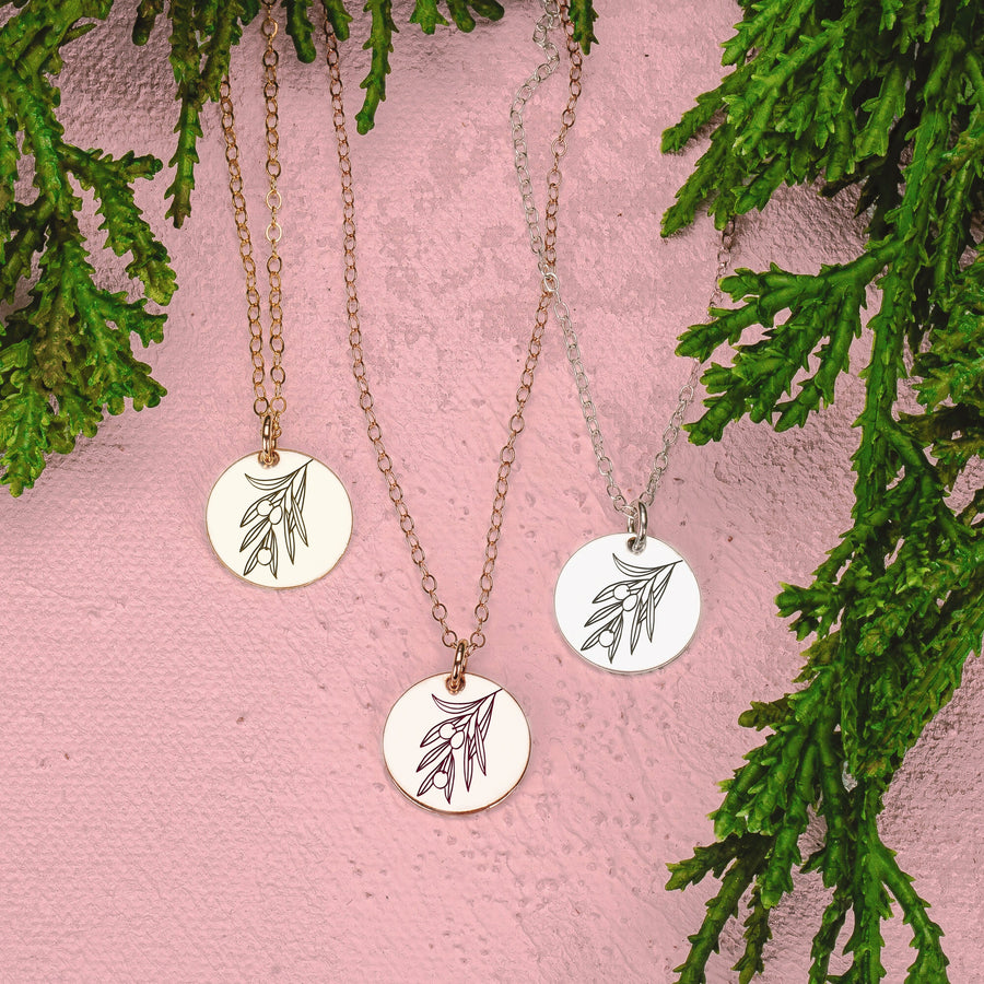 Olive Branch Disc Necklace | Engraved Circle Necklace in Silver, Gold or Rose Gold | Floral Olive Tree Twig Branch Peace Friendship Pendant