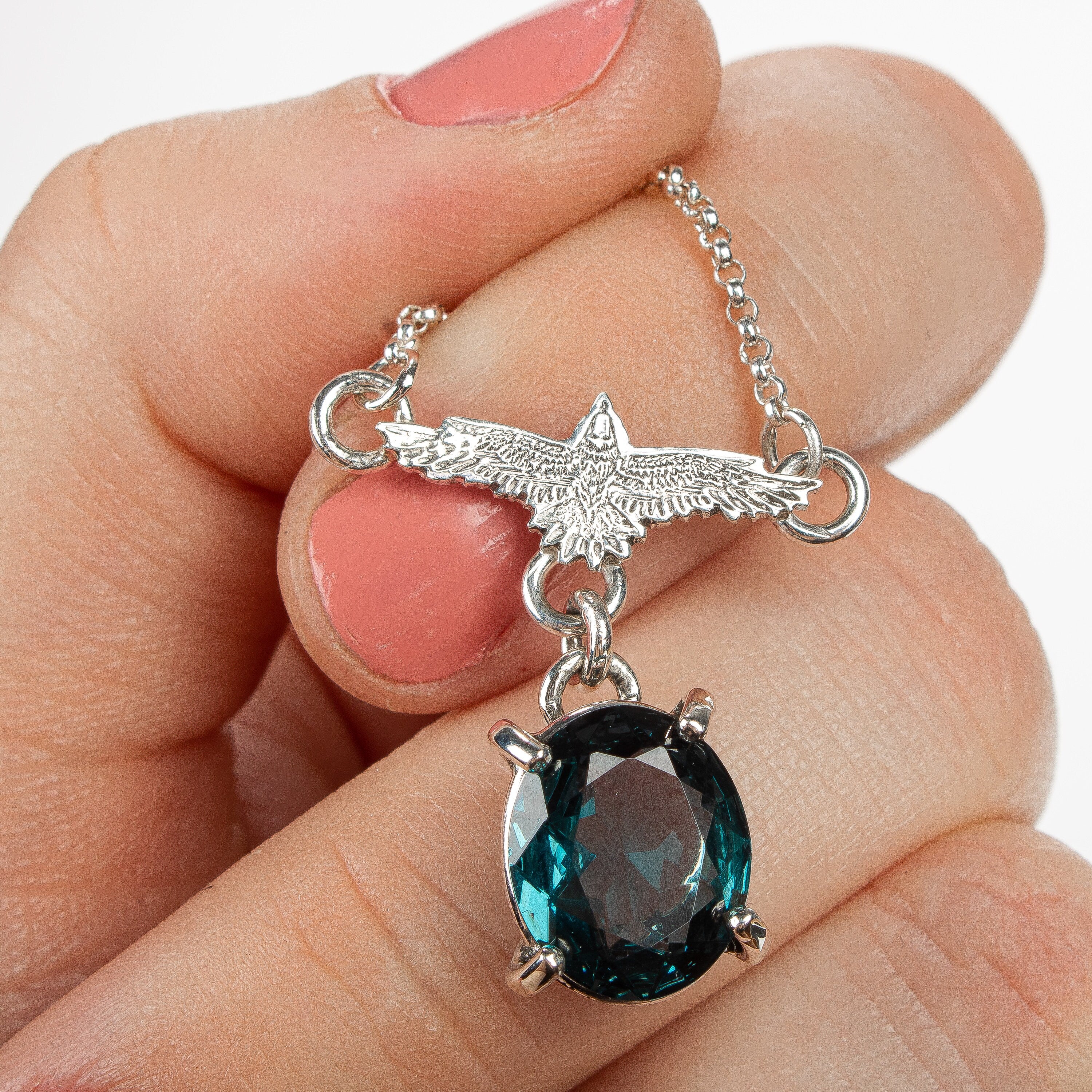 Raven Necklace With Faceted Teal Blue Topaz Gemstone In Sterling Silver | Small Aqua Teal Blue Flying Fly Bird Thunderbird Pendant
