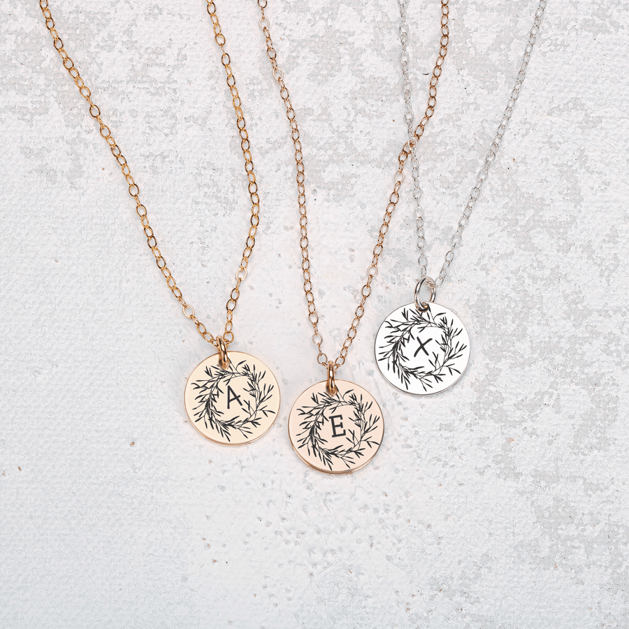 Olive Wreath Initial Necklace | Custom Personalized Engraved Round Circle Monogram Disc Necklace | Silver, Gold or Rose Gold | Custom Gift