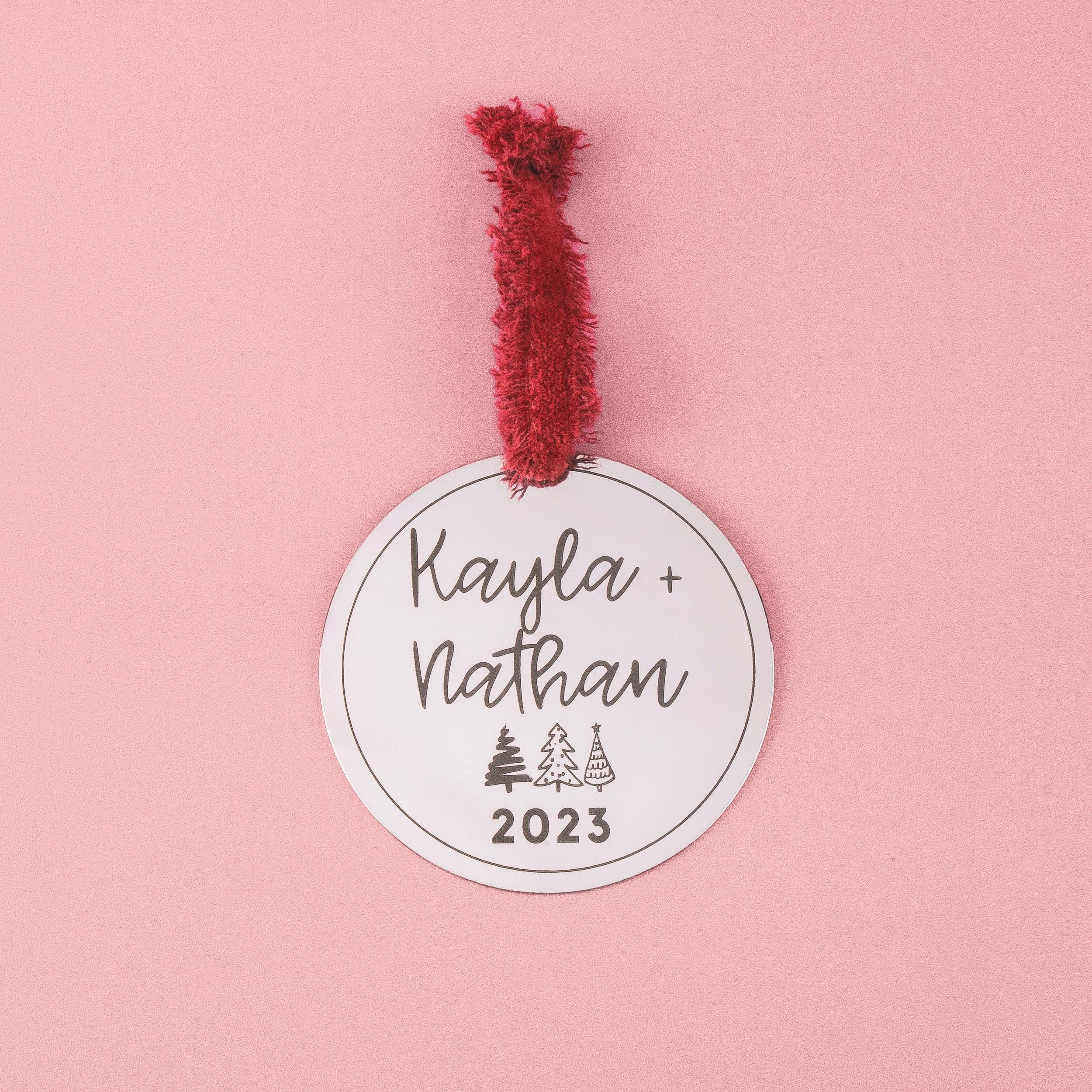 Couples Christmas Ornament | Girlfriend Boyfriend Wife Fiancé Personalized Gift | Custom Names & Date Holiday Decor | Modern Stainless Steel