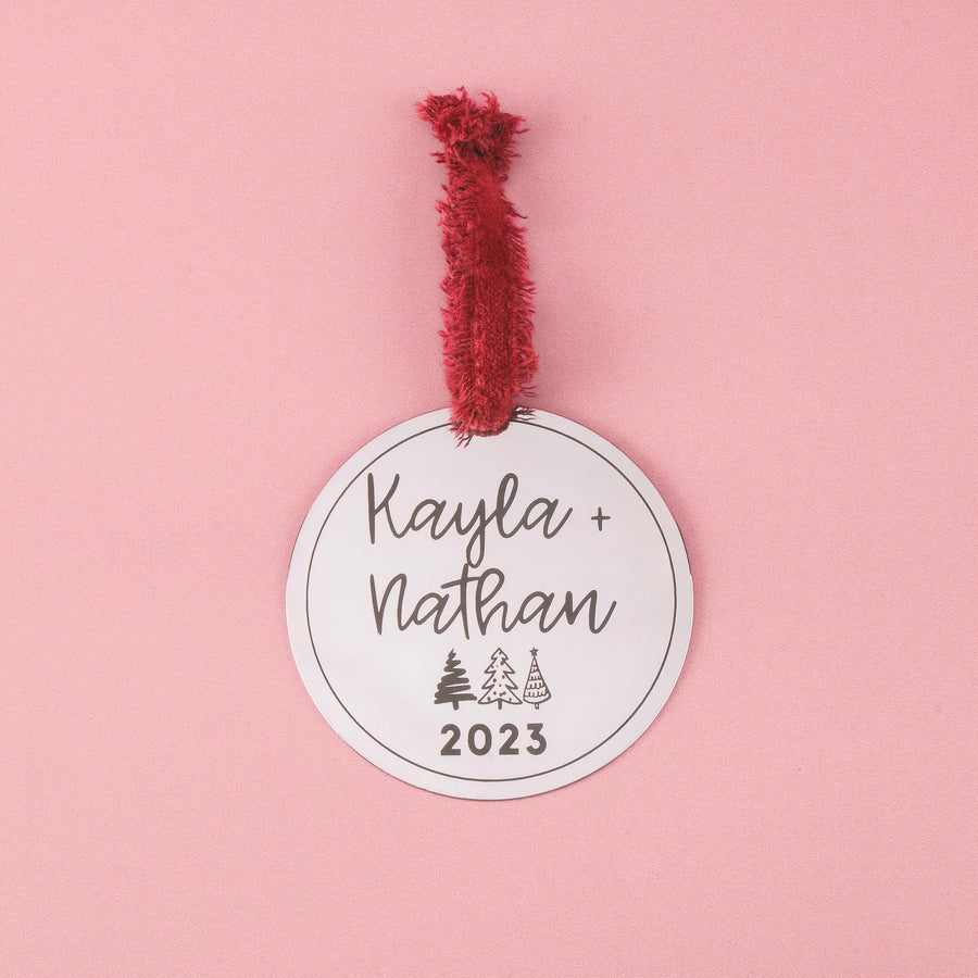 Couples Christmas Ornament | Girlfriend Boyfriend Wife Fiancé Personalized Gift | Custom Names & Date Holiday Decor | Modern Stainless Steel